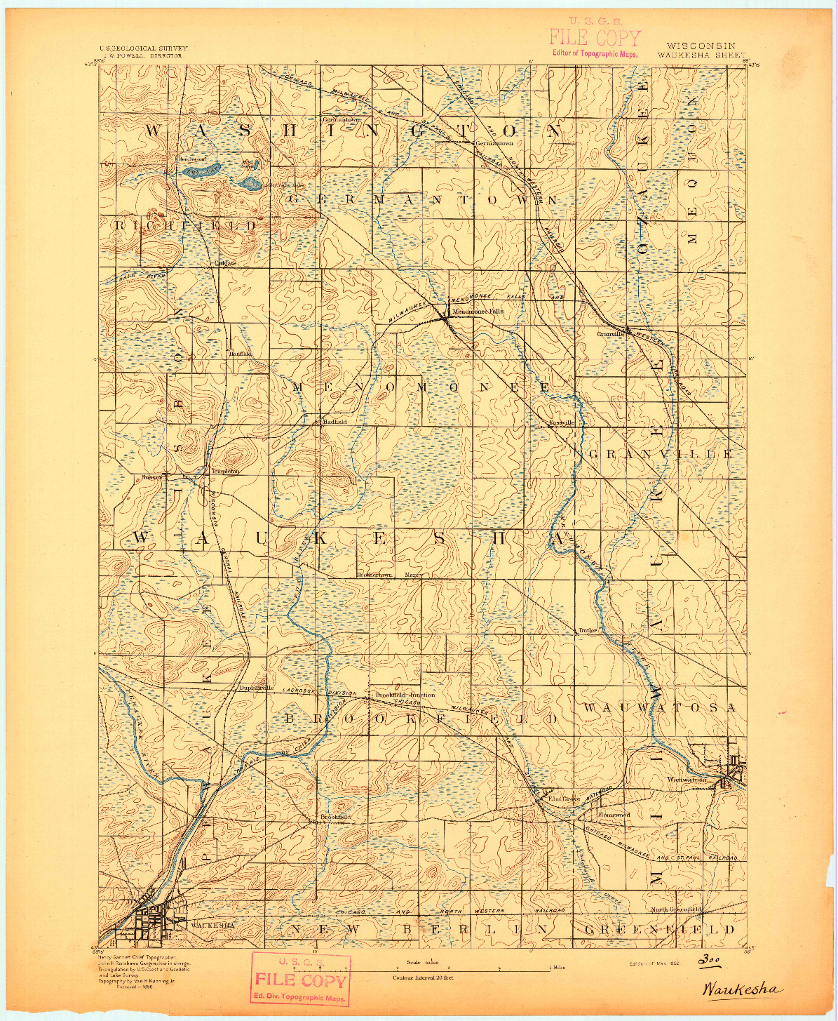 USGS 1:62500-SCALE QUADRANGLE FOR WAUKESHA, WI 1892