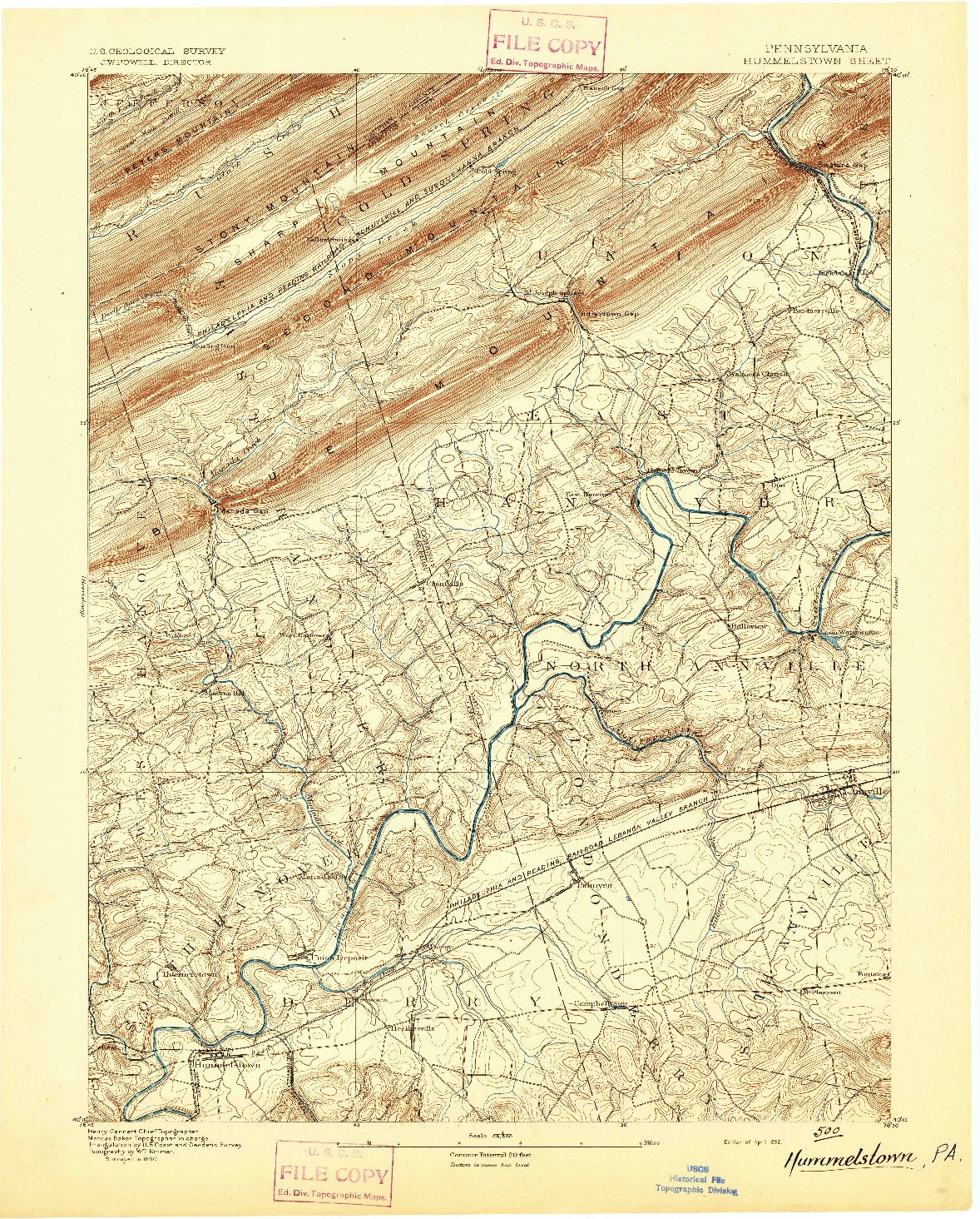 USGS 1:62500-SCALE QUADRANGLE FOR HUMMELSTOWN, PA 1892