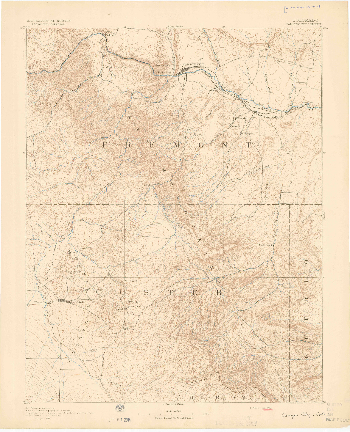 USGS 1:125000-SCALE QUADRANGLE FOR CANON CITY, CO 1892