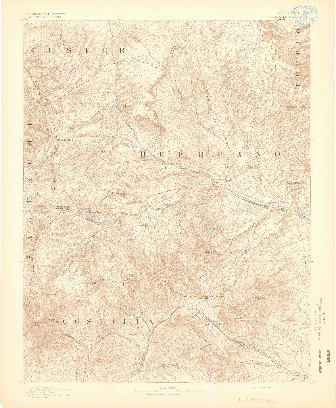 USGS 1:125000-SCALE QUADRANGLE FOR HUERFANO PARK, CO 1892