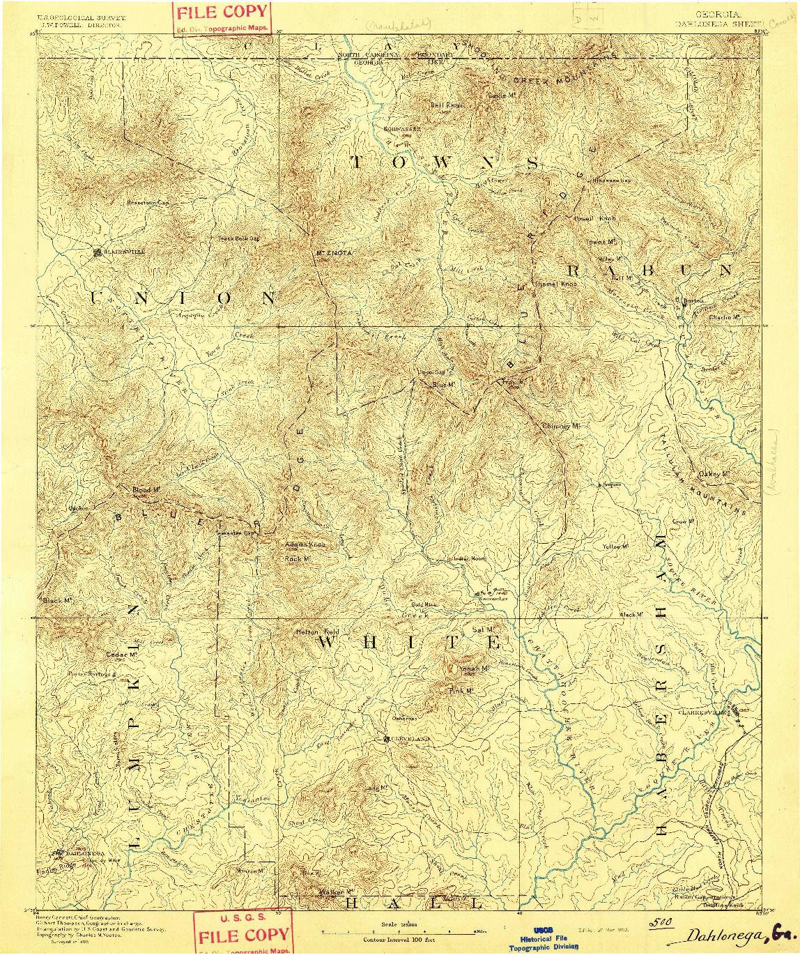 USGS 1:125000-SCALE QUADRANGLE FOR DAHLONEGA, GA 1892