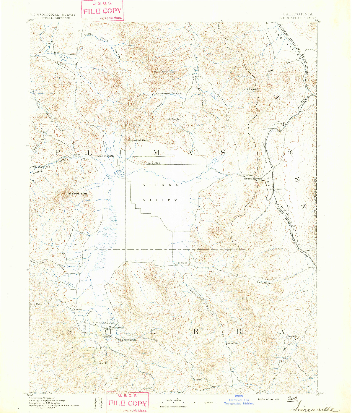 USGS 1:125000-SCALE QUADRANGLE FOR SIERRAVILLE, CA 1892