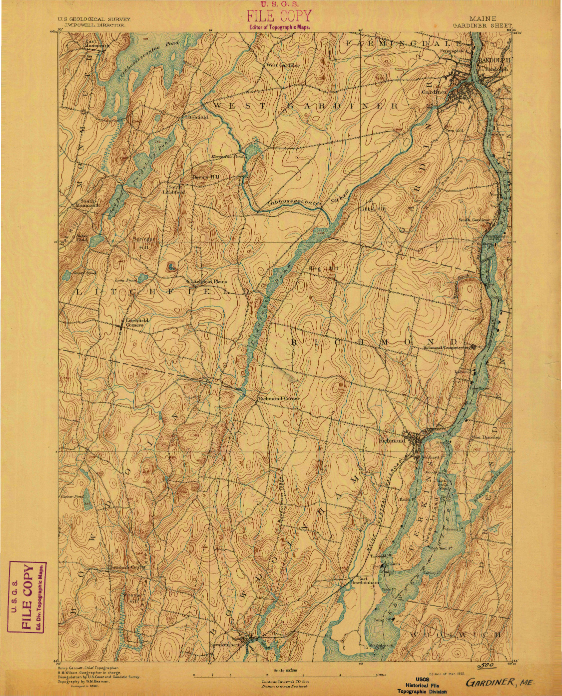 USGS 1:62500-SCALE QUADRANGLE FOR GARDINER, ME 1892