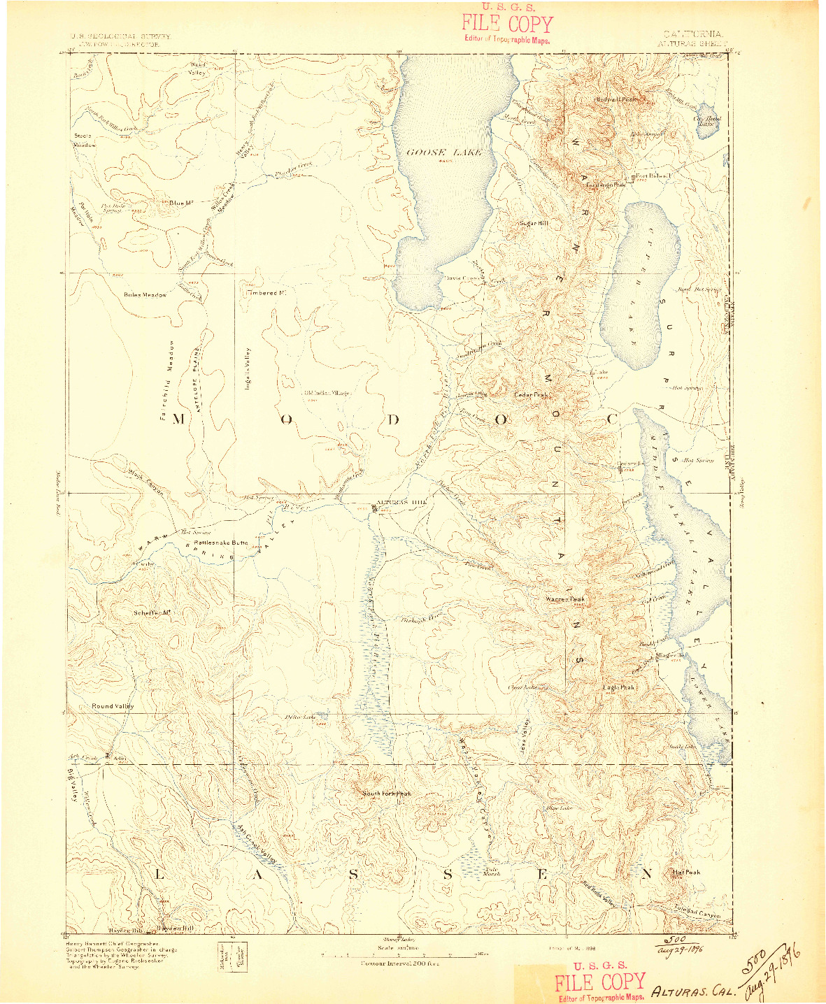 USGS 1:250000-SCALE QUADRANGLE FOR ALTURAS, CA 1892