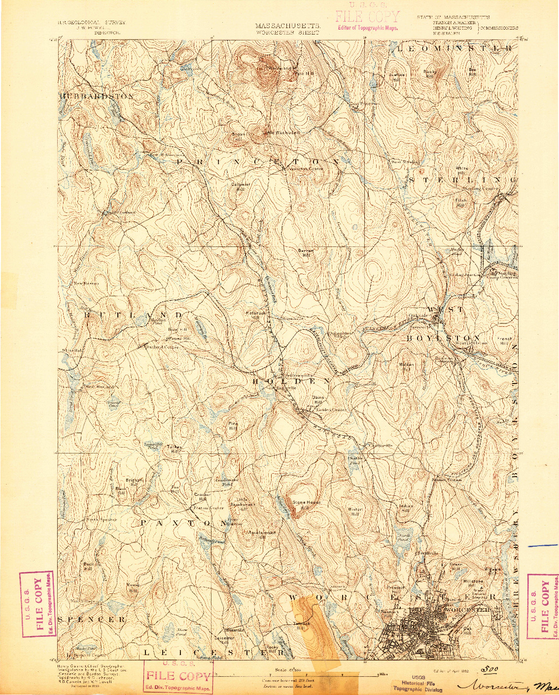 USGS 1:62500-SCALE QUADRANGLE FOR WORCESTER, MA 1892