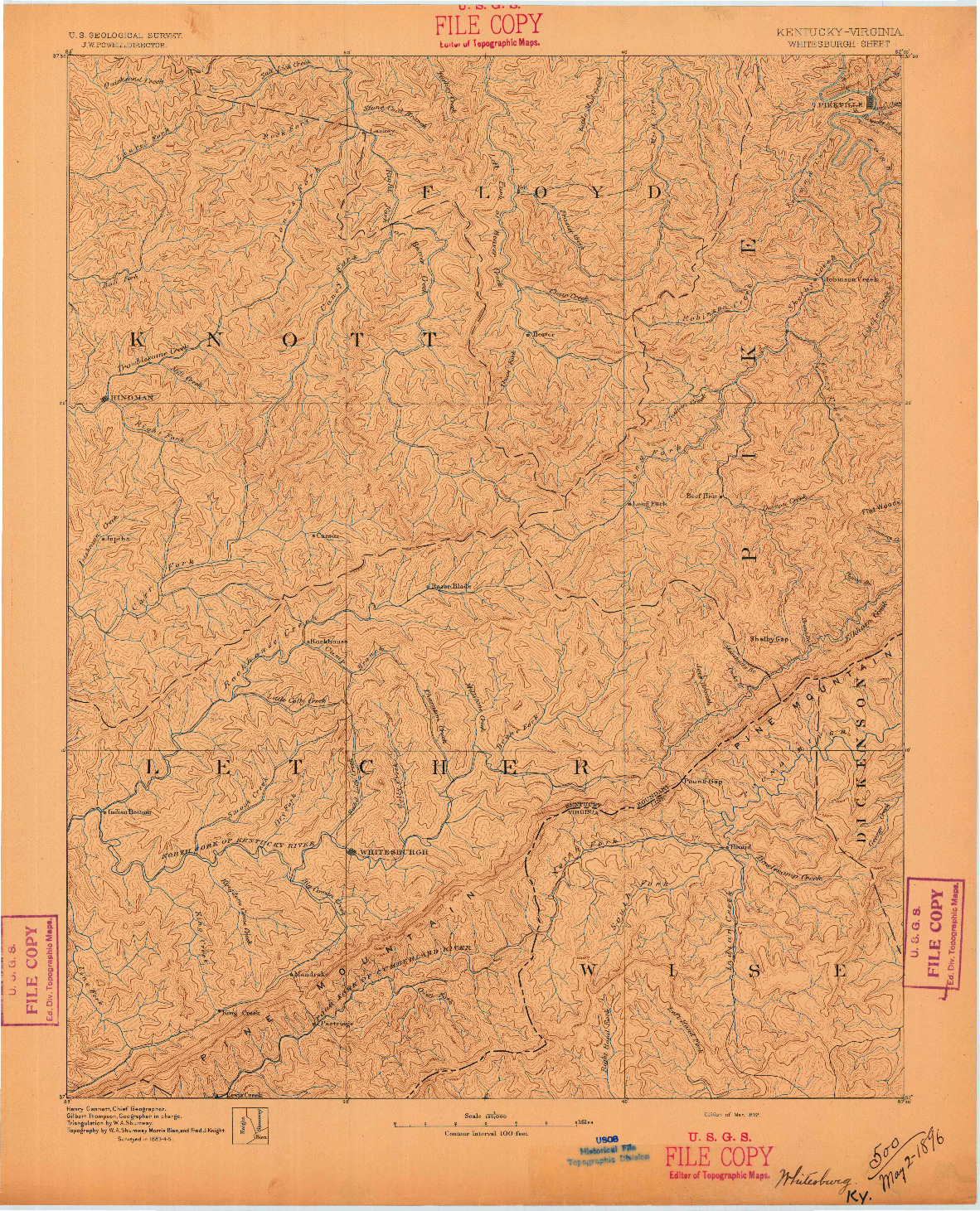 USGS 1:125000-SCALE QUADRANGLE FOR WHITESBURG, KY 1892