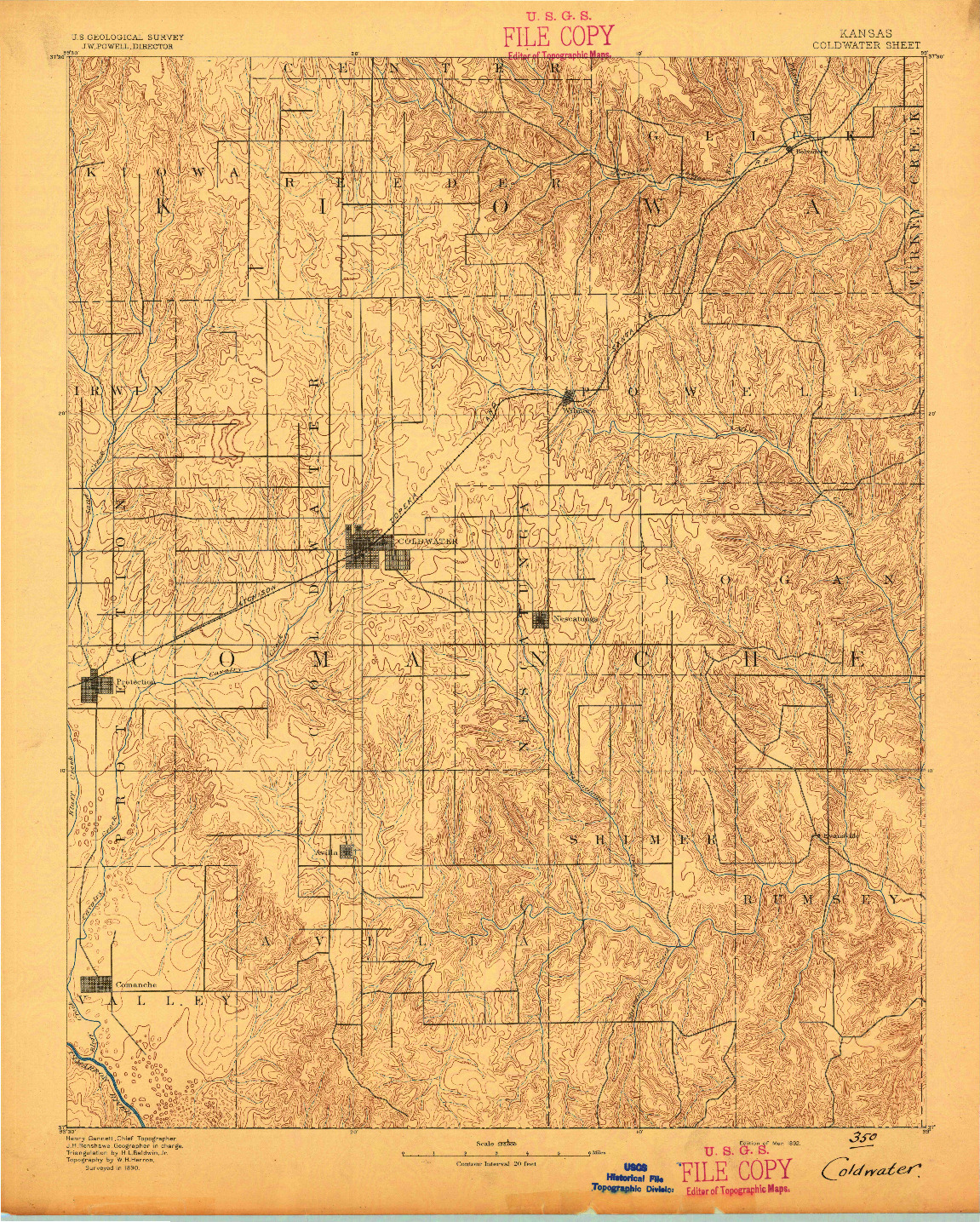 USGS 1:125000-SCALE QUADRANGLE FOR COLDWATER, KS 1892