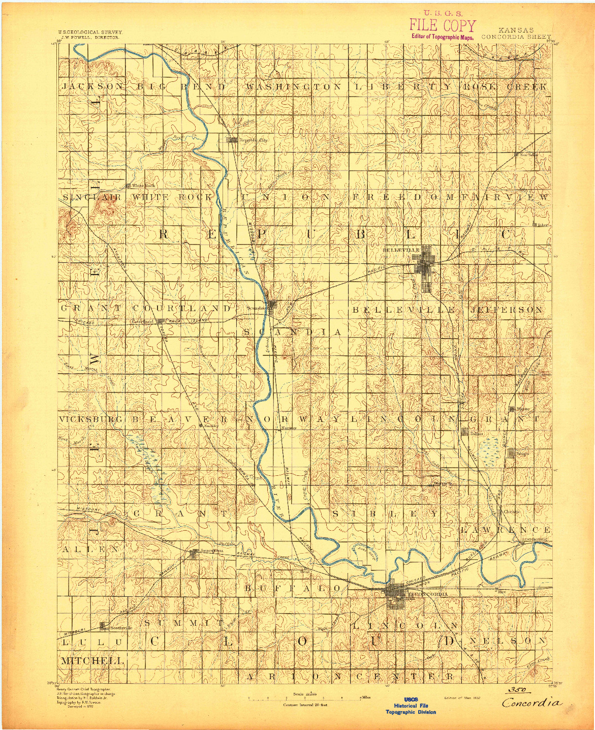 USGS 1:125000-SCALE QUADRANGLE FOR CONCORDIA, KS 1892