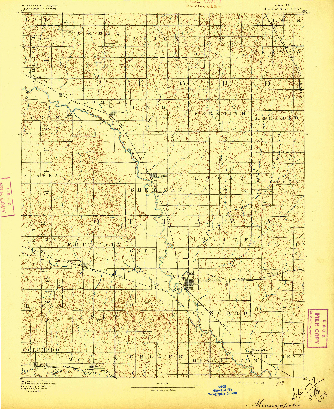 USGS 1:125000-SCALE QUADRANGLE FOR MINNEAPOLIS, KS 1892