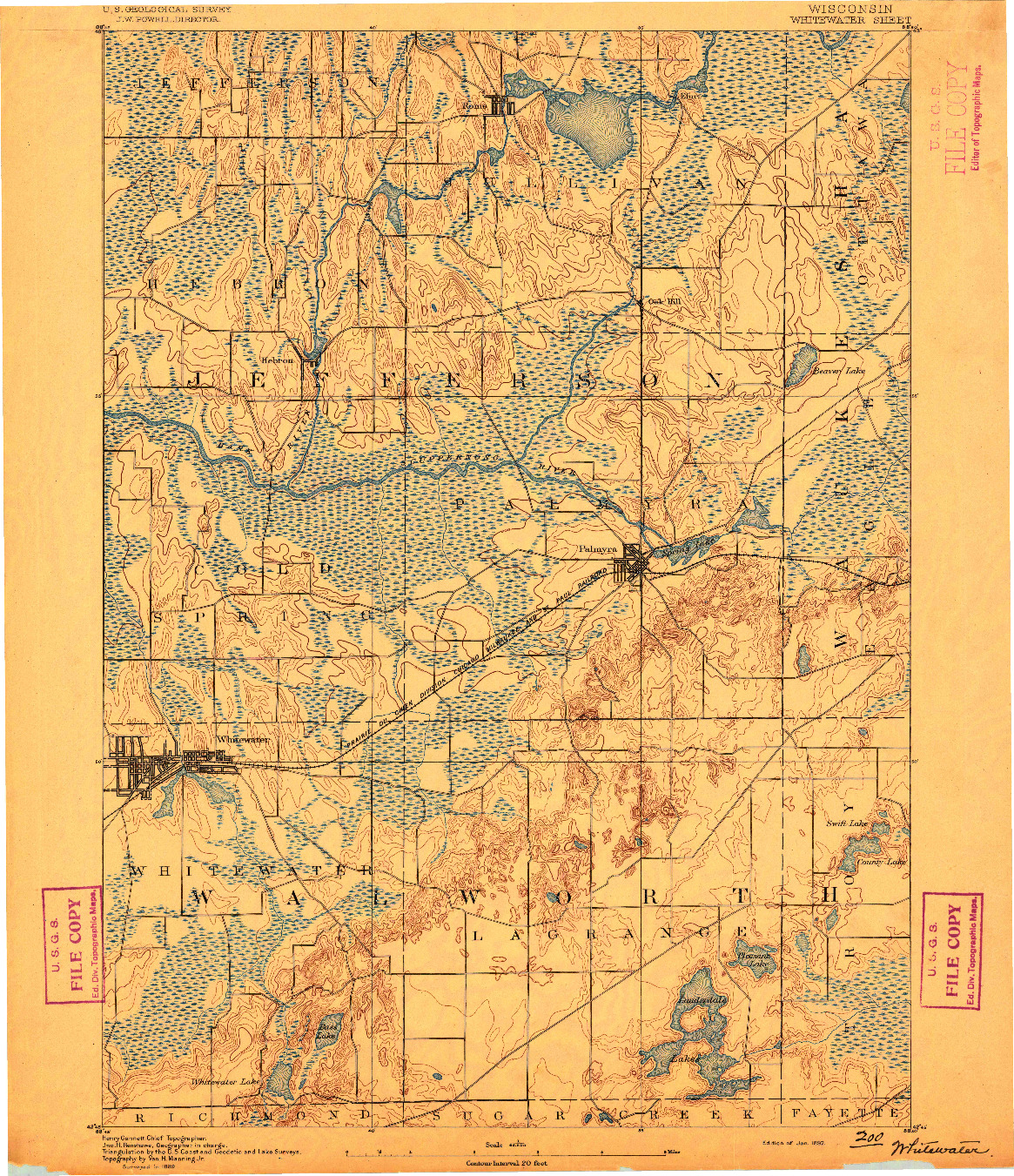 USGS 1:62500-SCALE QUADRANGLE FOR WHITEWATER, WI 1892