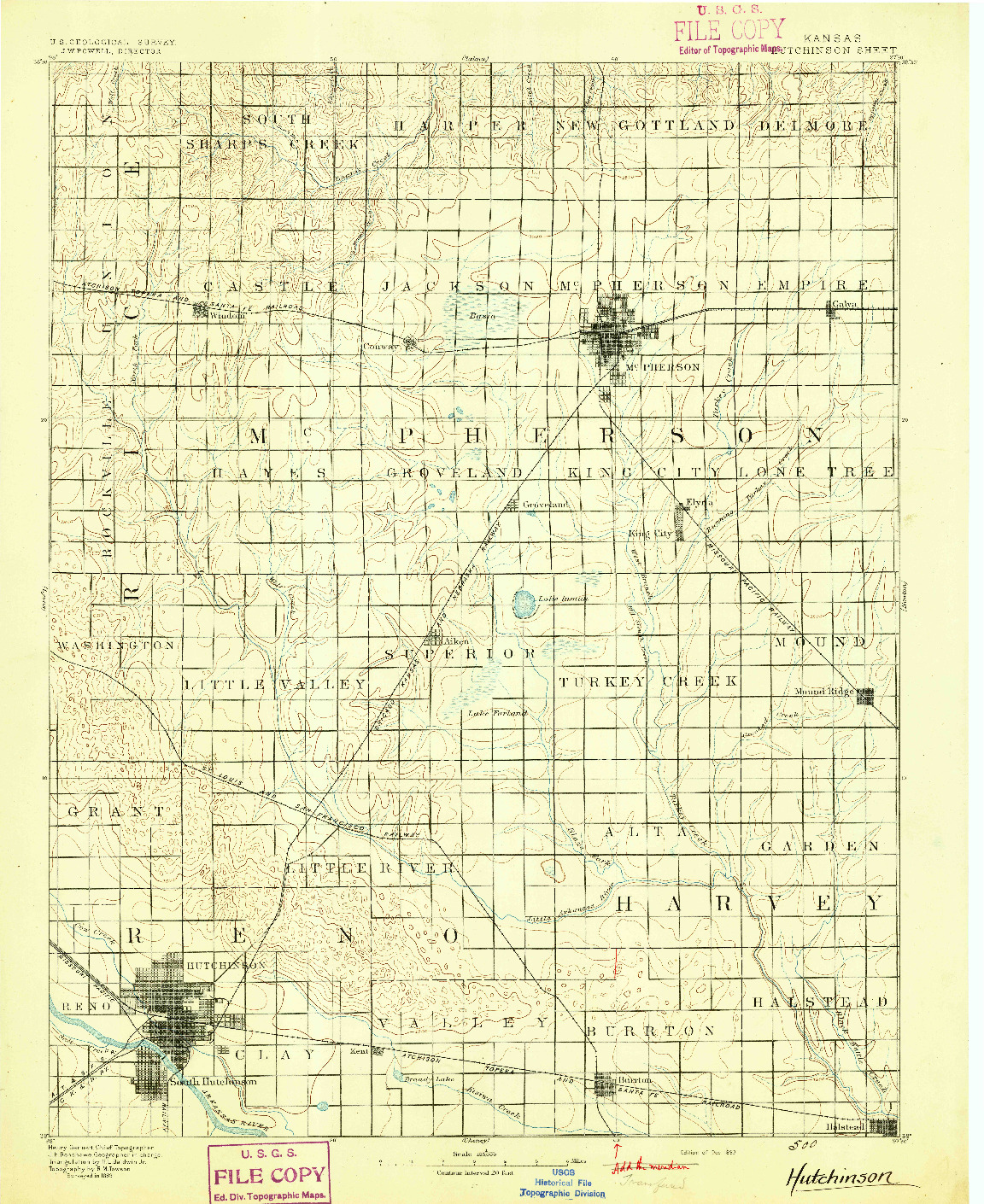 USGS 1:125000-SCALE QUADRANGLE FOR HUTCHINSON, KS 1893