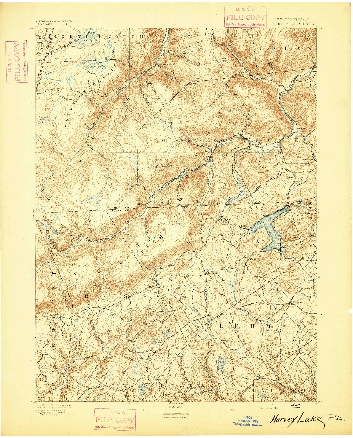USGS 1:62500-SCALE QUADRANGLE FOR HARVEY LAKE, PA 1893