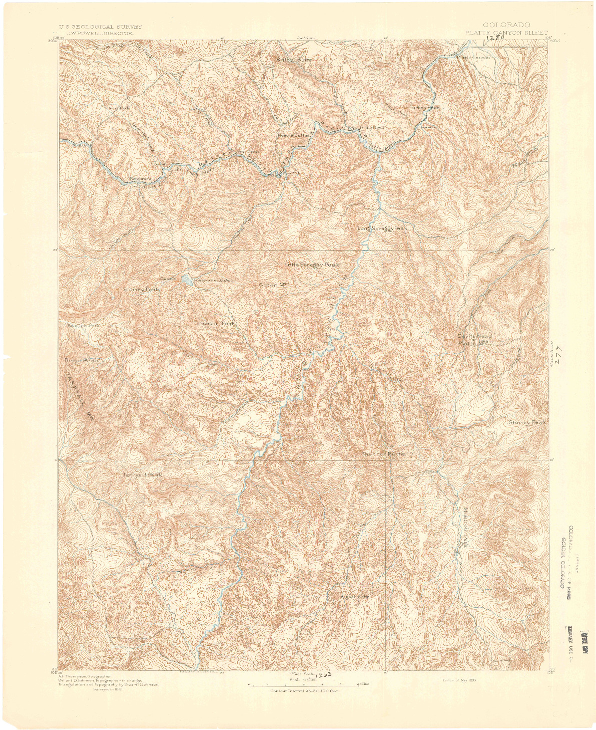 USGS 1:125000-SCALE QUADRANGLE FOR PLATTE CANYON, CO 1893