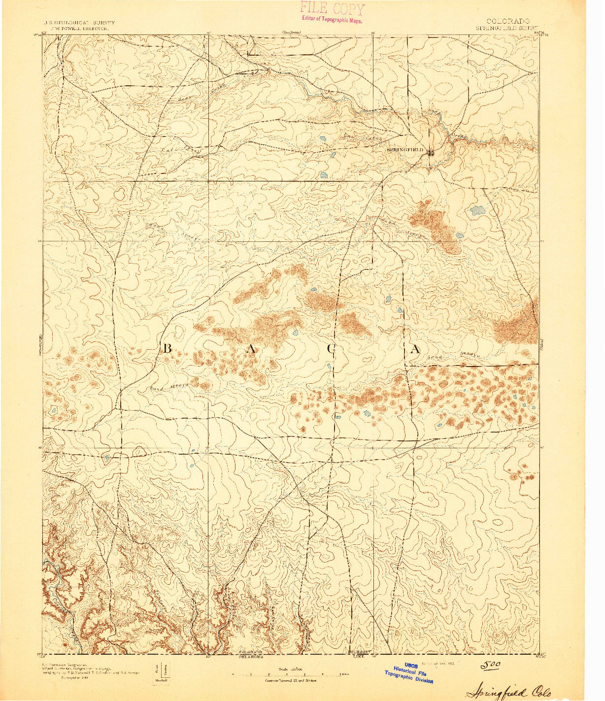 USGS 1:125000-SCALE QUADRANGLE FOR SPRINGFIELD, CO 1893