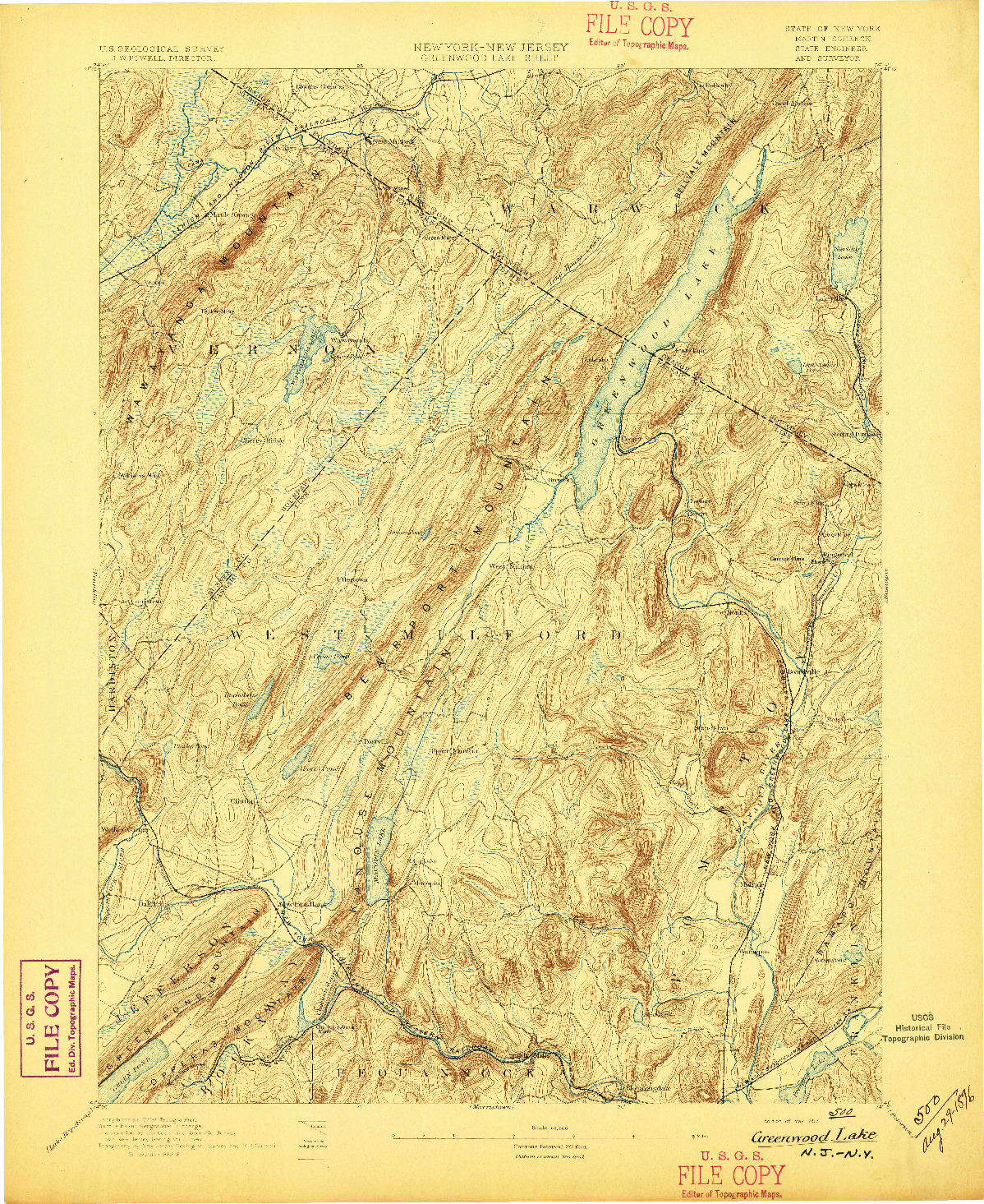 USGS 1:62500-SCALE QUADRANGLE FOR GREENWOOD LAKE, NY 1893