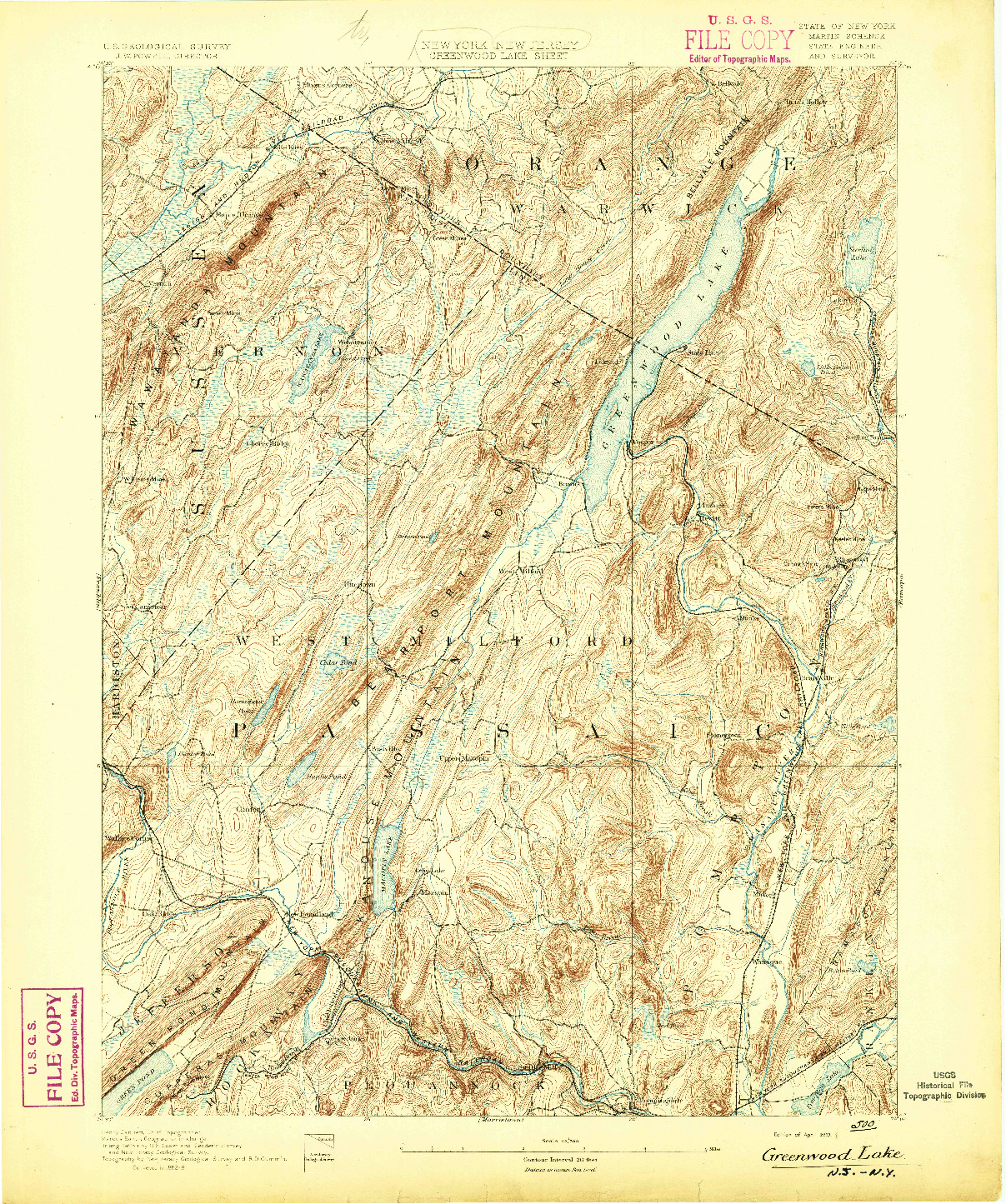 USGS 1:62500-SCALE QUADRANGLE FOR GREENWOOD LAKE, NY 1893