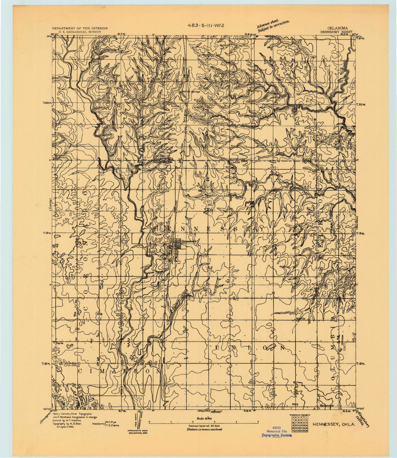 USGS 1:62500-SCALE QUADRANGLE FOR HENNESSEY, OK 1893