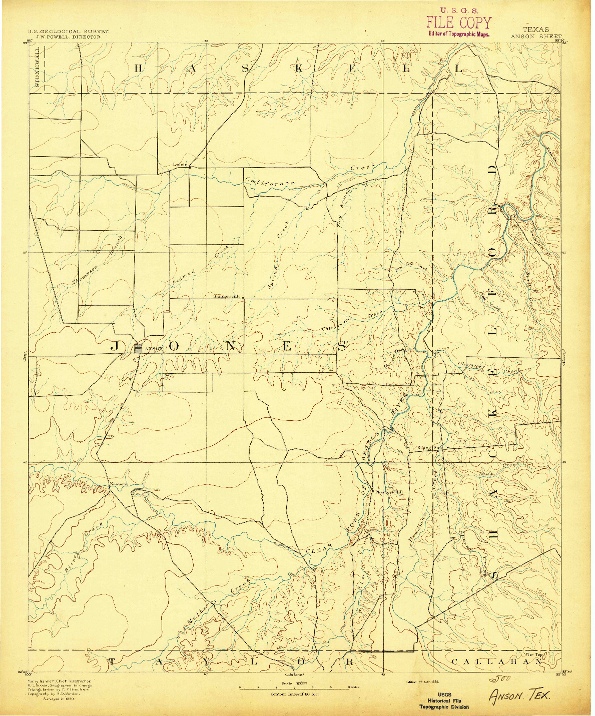 USGS 1:125000-SCALE QUADRANGLE FOR ANSON, TX 1893