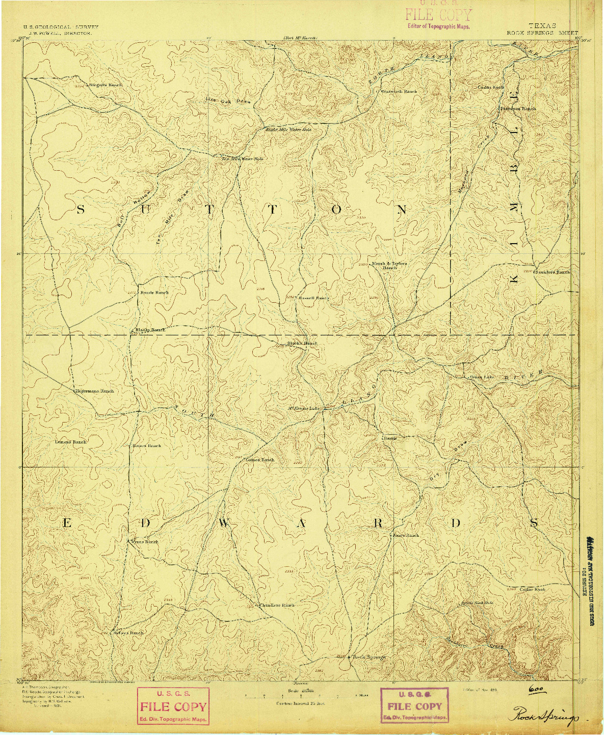 USGS 1:125000-SCALE QUADRANGLE FOR ROCK SPRINGS, TX 1893