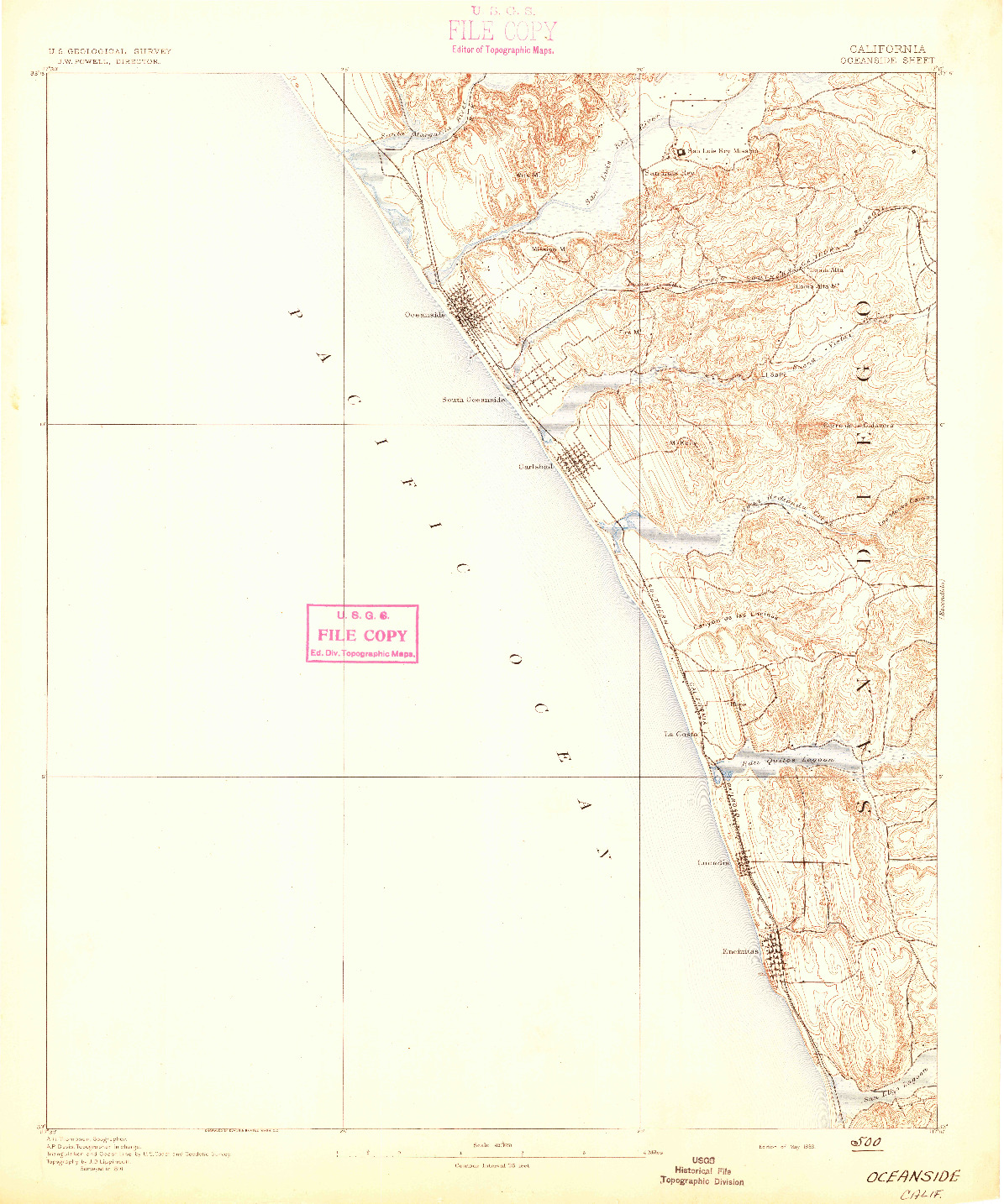 USGS 1:62500-SCALE QUADRANGLE FOR OCEANSIDE, CA 1893