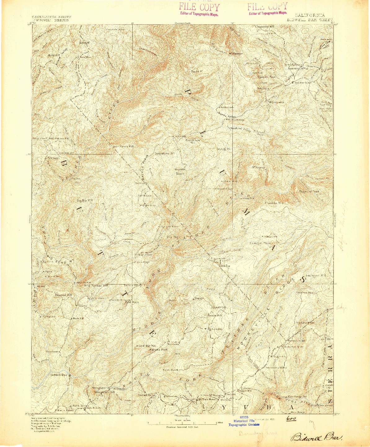 USGS 1:125000-SCALE QUADRANGLE FOR BIDWELL BAR, CA 1893