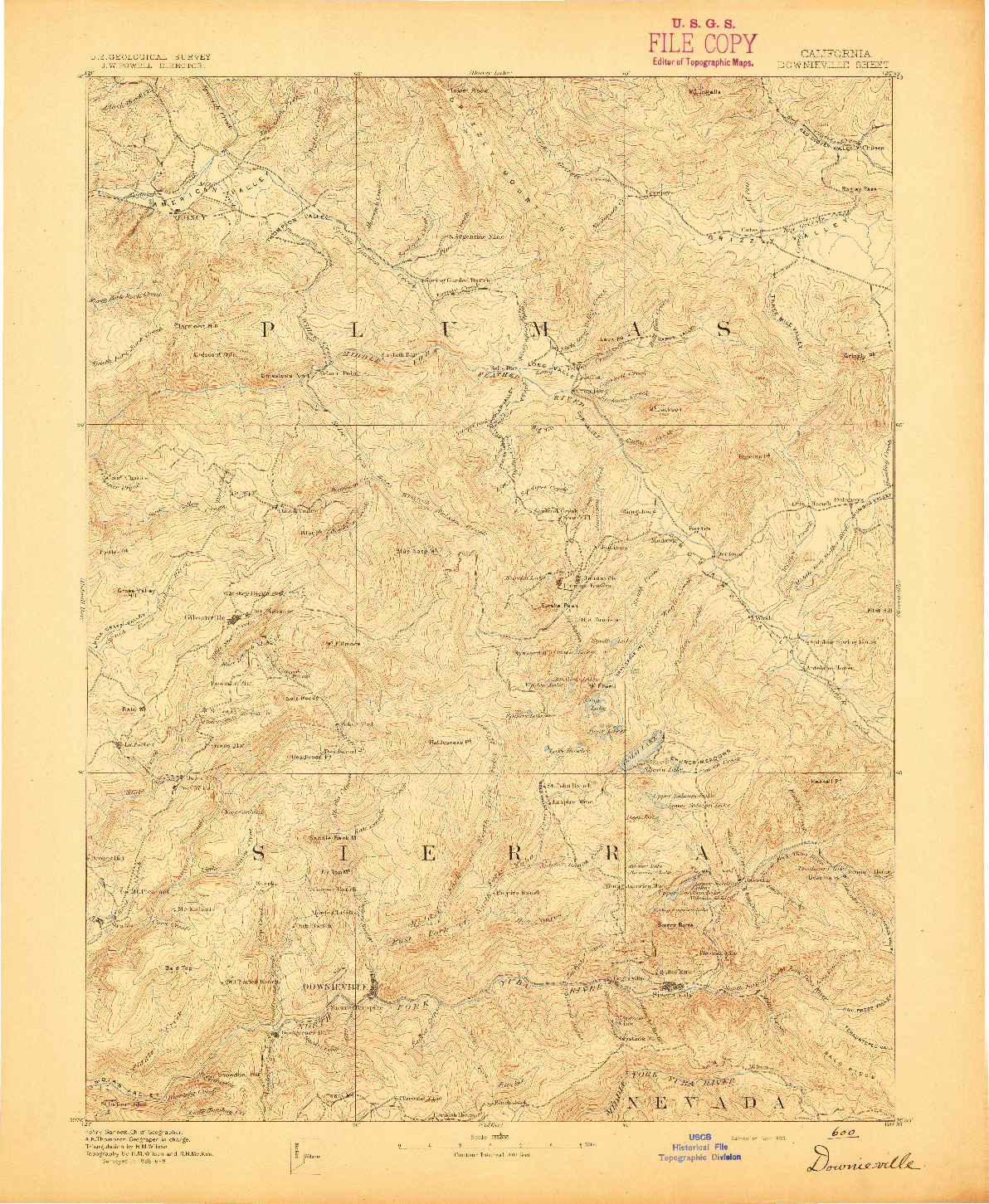 USGS 1:125000-SCALE QUADRANGLE FOR DOWNIEVILLE, CA 1893