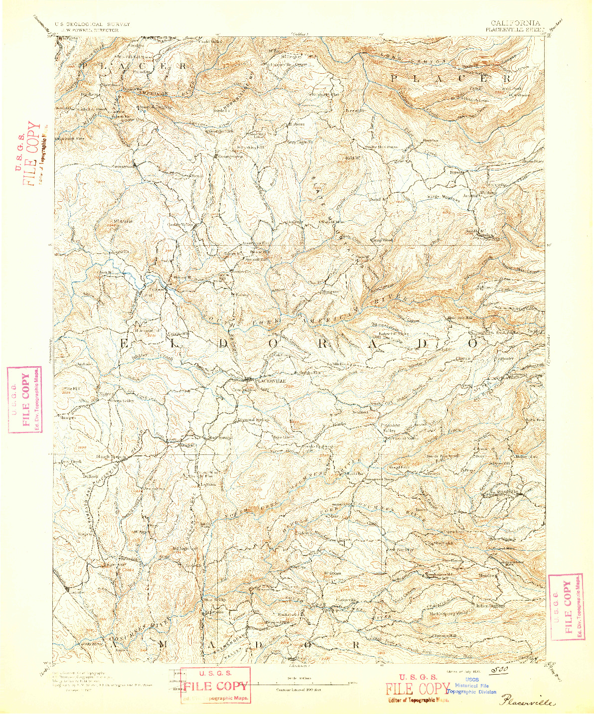 USGS 1:125000-SCALE QUADRANGLE FOR PLACERVILLE, CA 1893