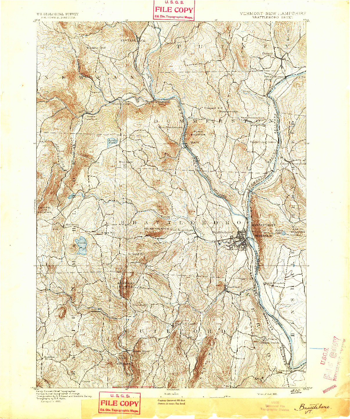 USGS 1:62500-SCALE QUADRANGLE FOR BRATTLEBORO, VT 1893