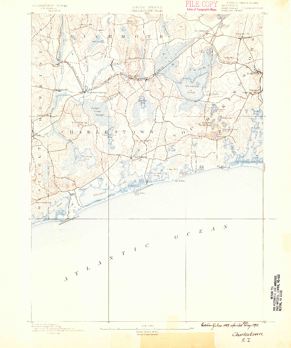 USGS 1:62500-SCALE QUADRANGLE FOR CHARLESTOWN, RI 1889