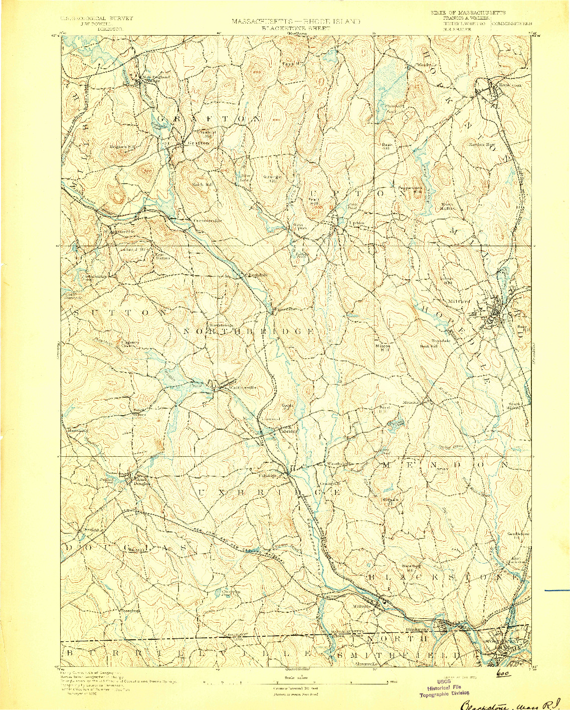 USGS 1:62500-SCALE QUADRANGLE FOR BLACKSTONE, MA 1893