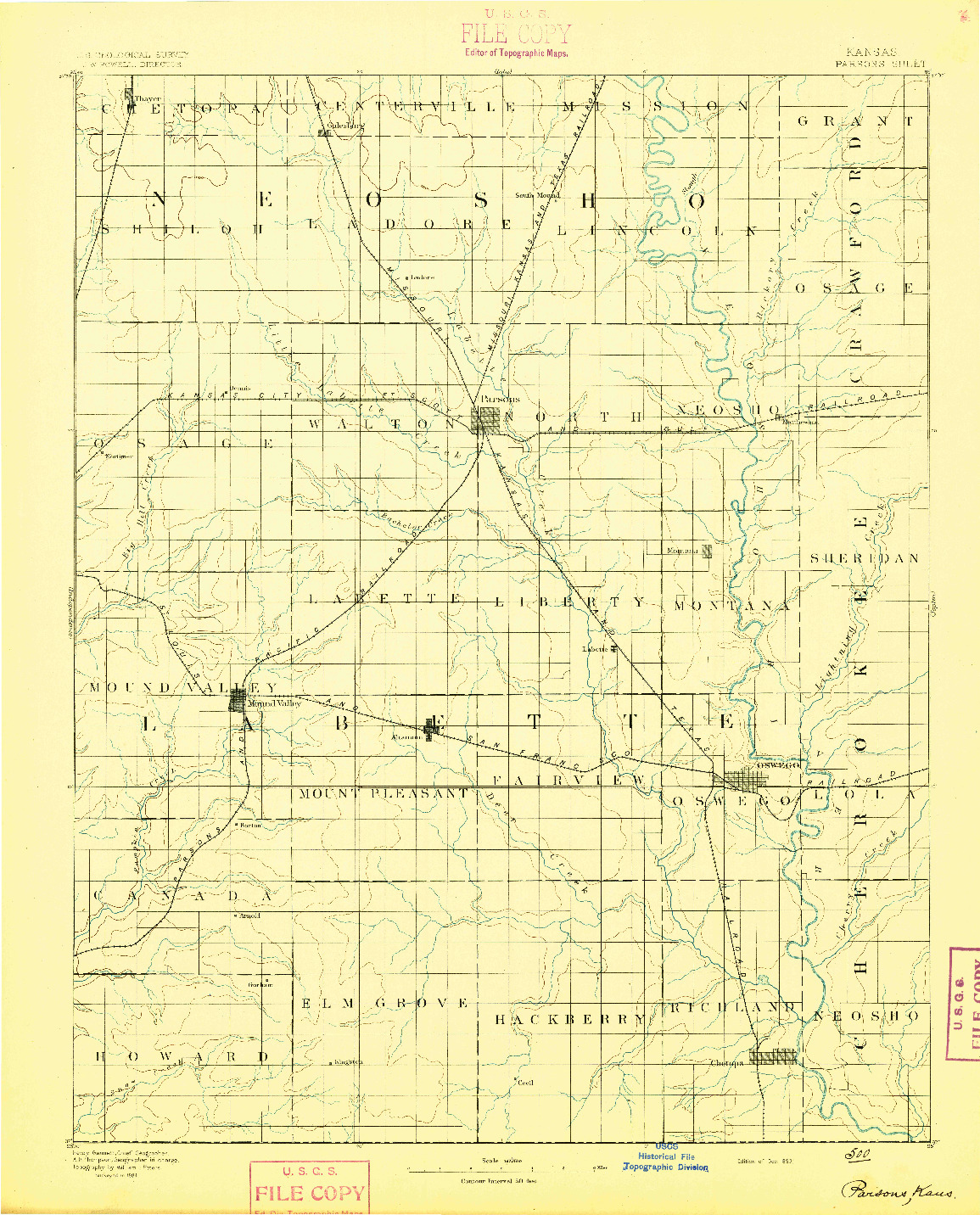 USGS 1:125000-SCALE QUADRANGLE FOR PARSONS, KS 1893