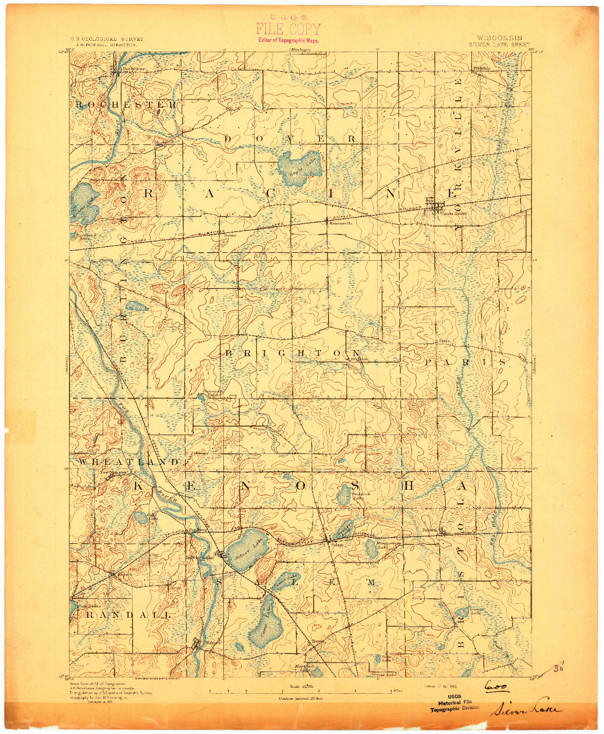 USGS 1:62500-SCALE QUADRANGLE FOR SILVER LAKE, WI 1893