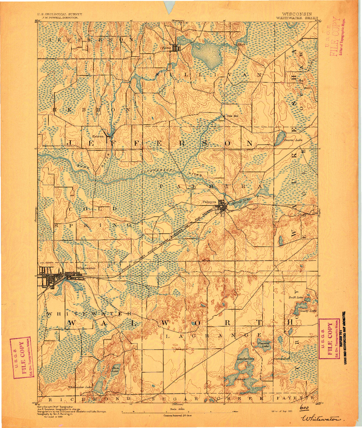 USGS 1:62500-SCALE QUADRANGLE FOR WHITEWATER, WI 1893