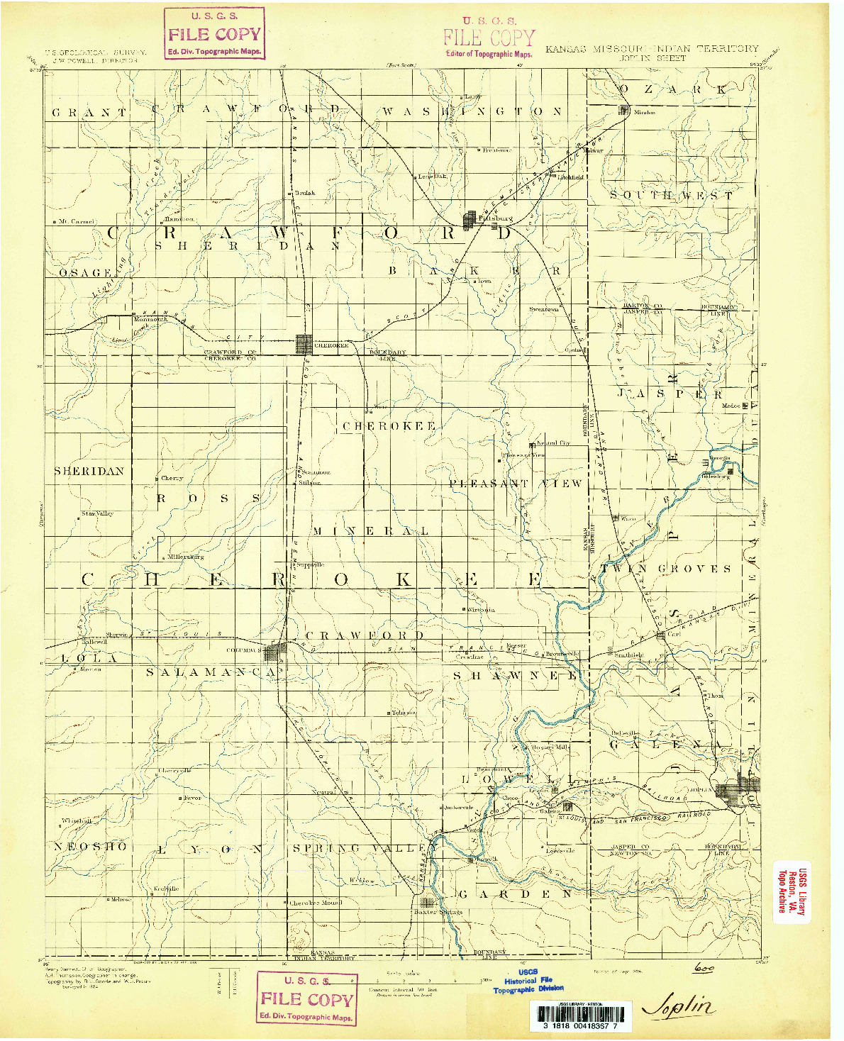 USGS 1:125000-SCALE QUADRANGLE FOR JOPLIN, KS 1894