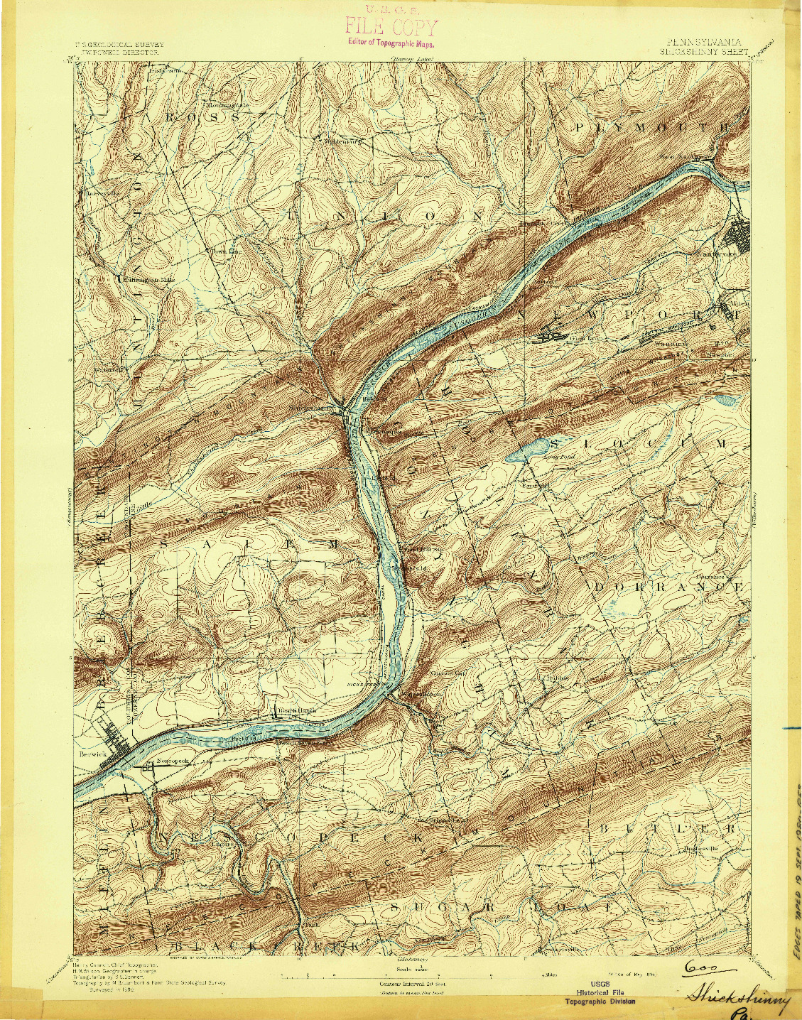 USGS 1:62500-SCALE QUADRANGLE FOR SHICKSHINNY, PA 1894