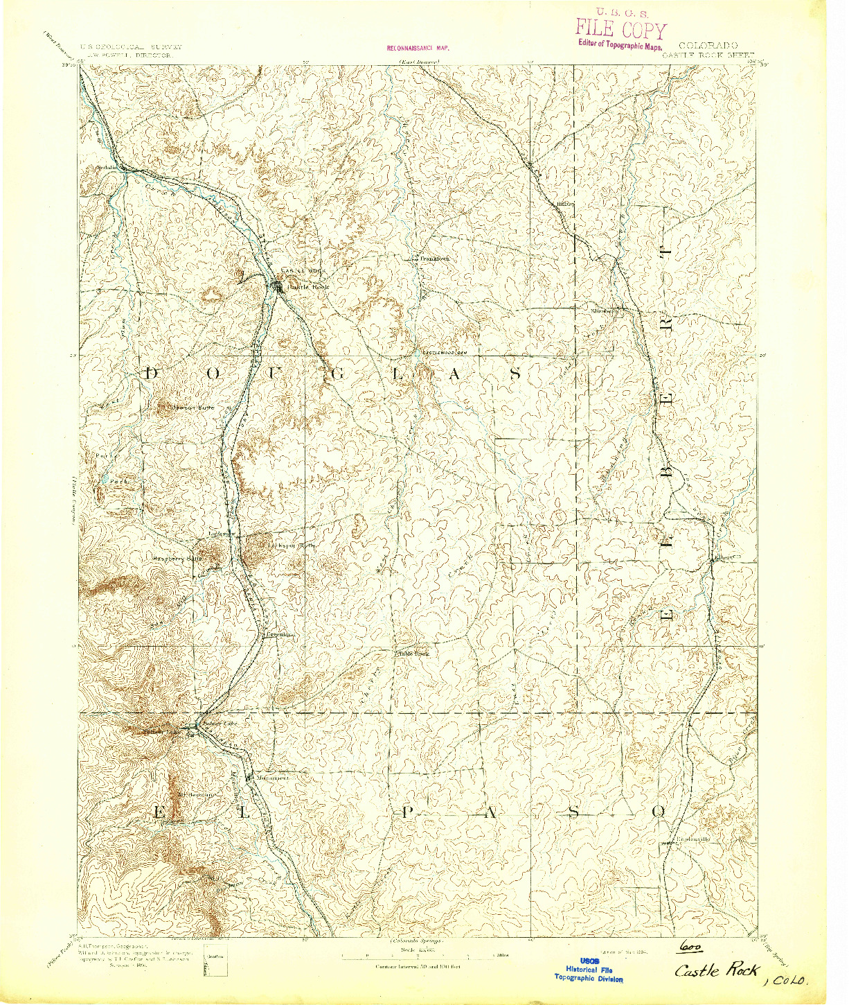 USGS 1:125000-SCALE QUADRANGLE FOR CASTLE ROCK, CO 1894