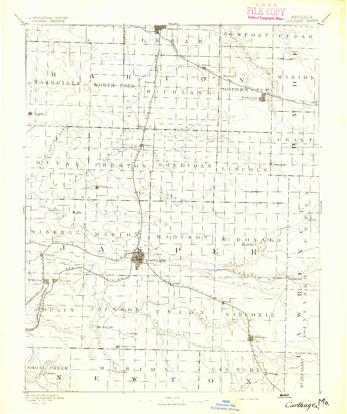 USGS 1:125000-SCALE QUADRANGLE FOR CARTHAGE, MO 1894
