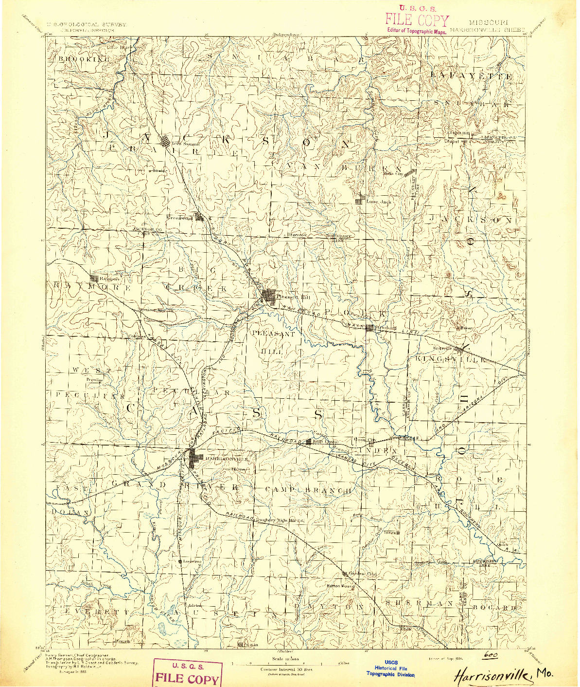 USGS 1:125000-SCALE QUADRANGLE FOR HARRISONVILLE, MO 1894