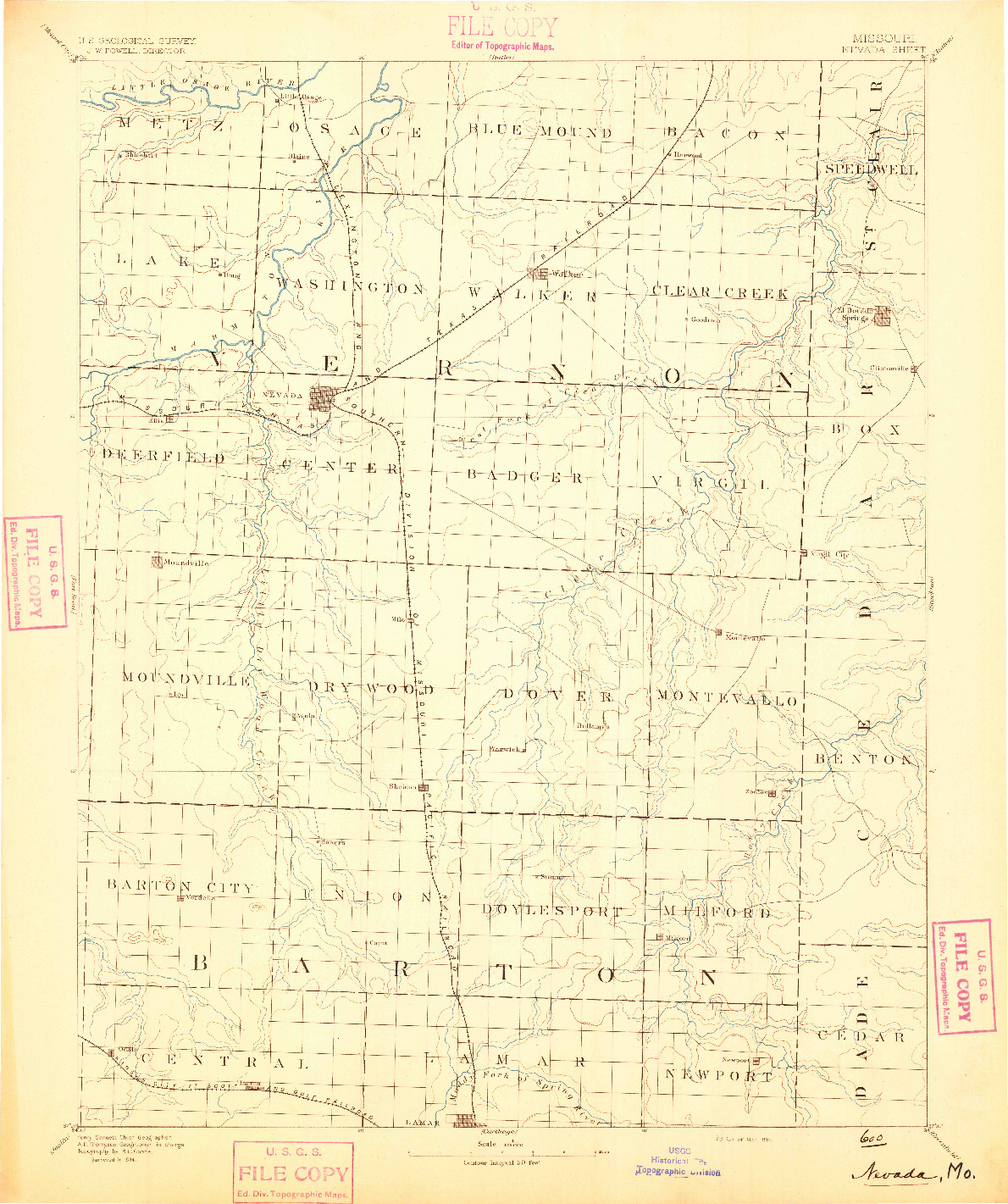 USGS 1:125000-SCALE QUADRANGLE FOR NEVADA, MO 1894