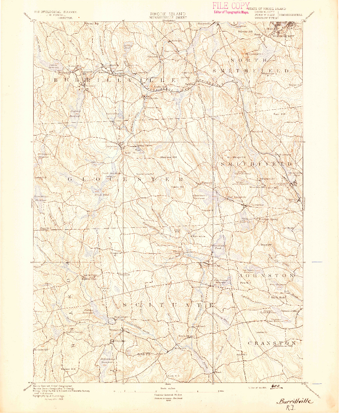 USGS 1:62500-SCALE QUADRANGLE FOR BURRILLVILLE, RI 1894