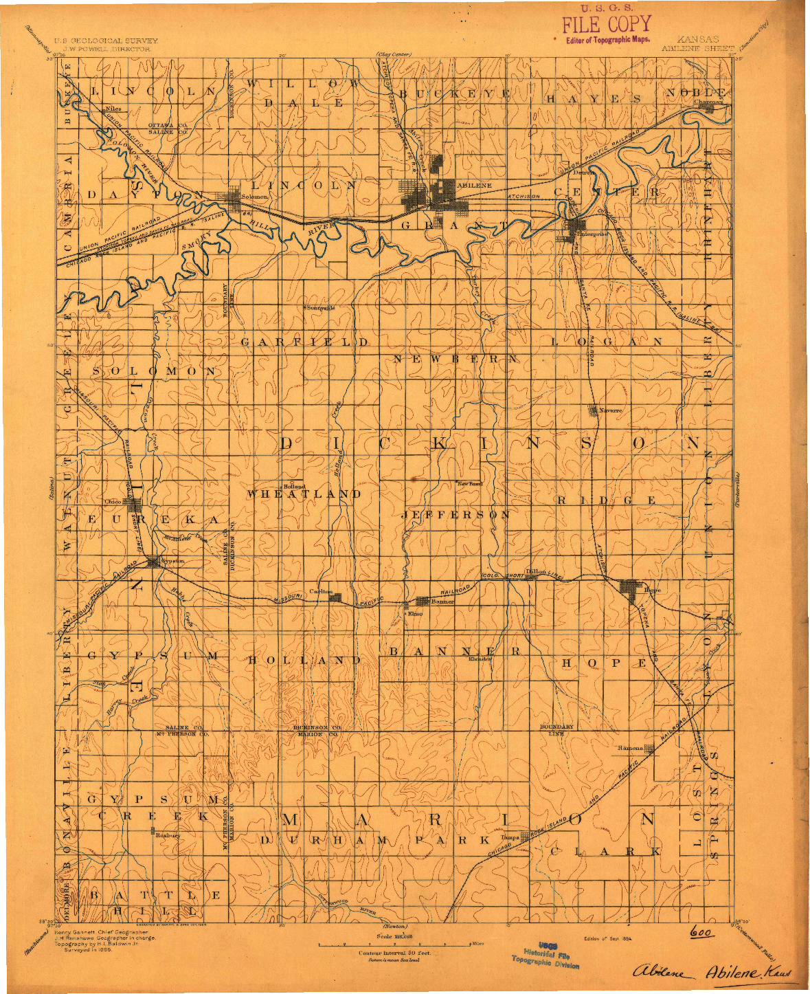USGS 1:125000-SCALE QUADRANGLE FOR ABILENE, KS 1894