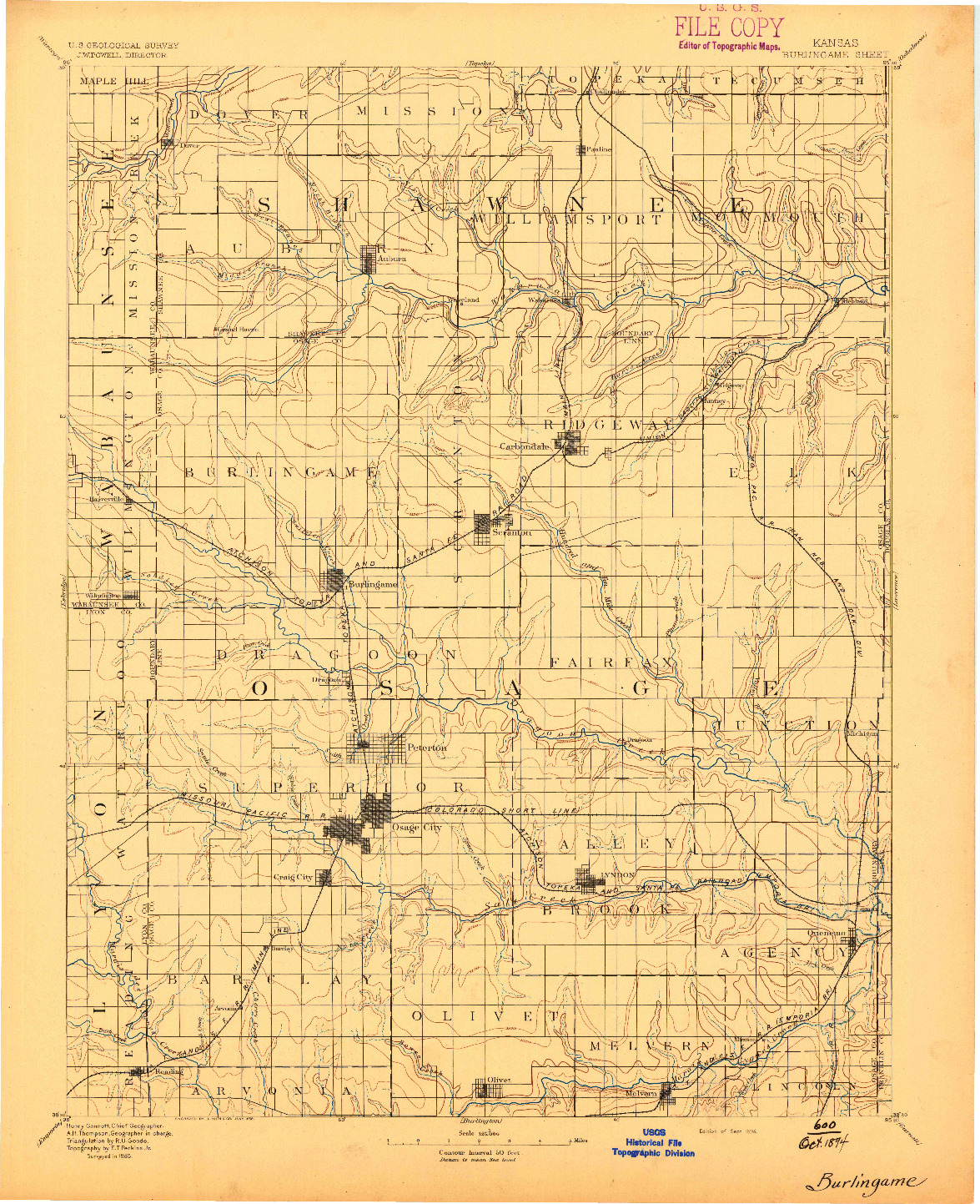 USGS 1:125000-SCALE QUADRANGLE FOR BURLINGAME, KS 1894