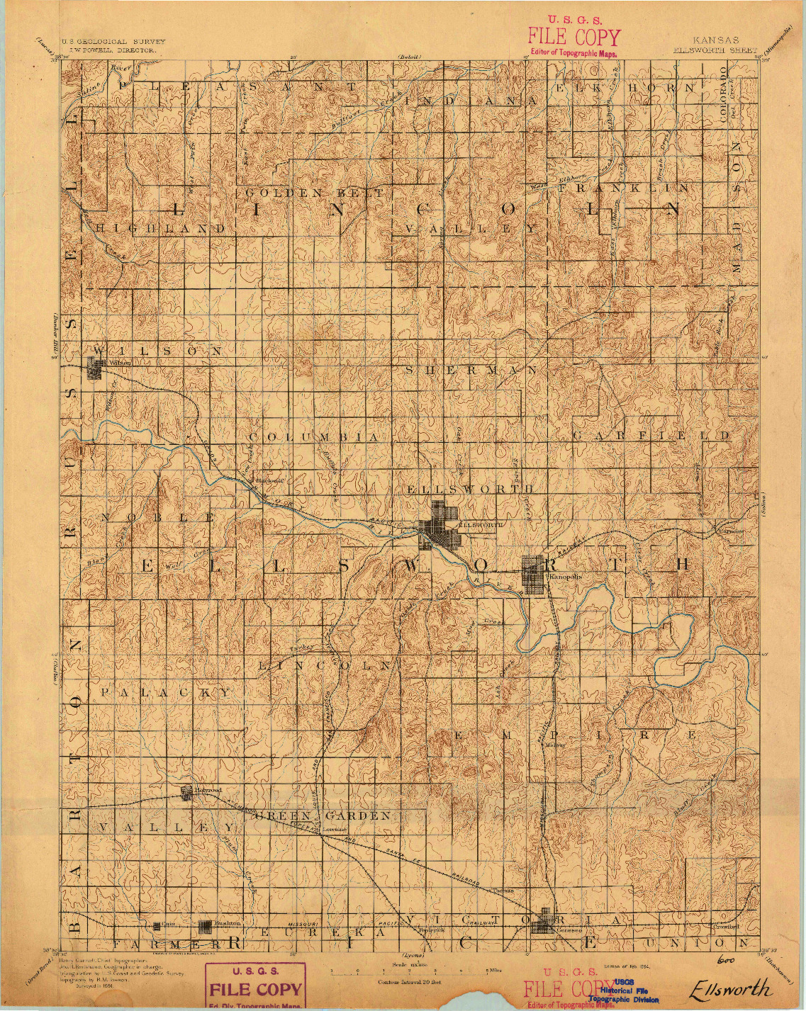 USGS 1:125000-SCALE QUADRANGLE FOR ELLSWORTH, KS 1894