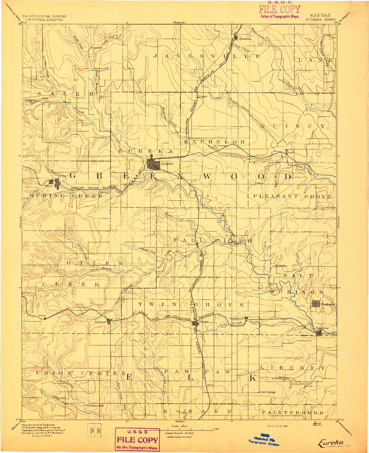 USGS 1:125000-SCALE QUADRANGLE FOR EUREKA, KS 1894