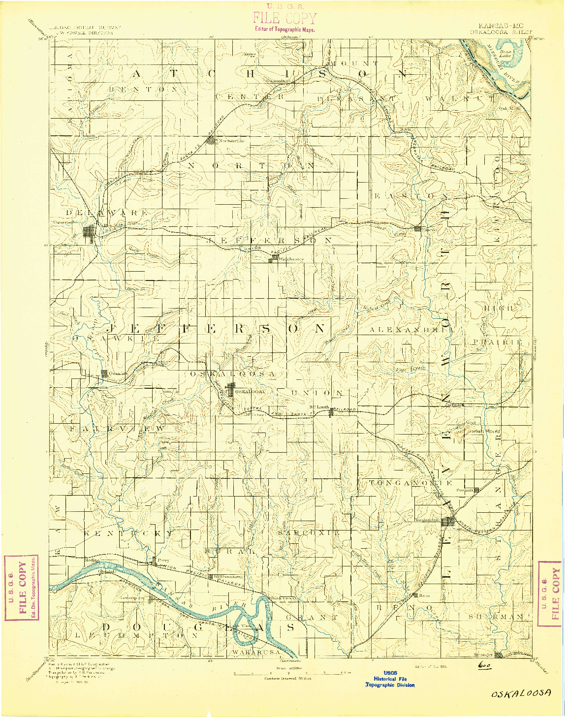 USGS 1:125000-SCALE QUADRANGLE FOR OSKALOOSA, KS 1894