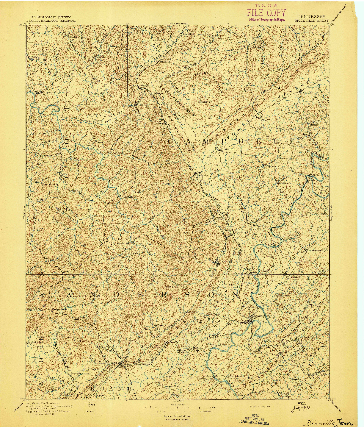 USGS 1:125000-SCALE QUADRANGLE FOR BRICEVILLE, TN 1895