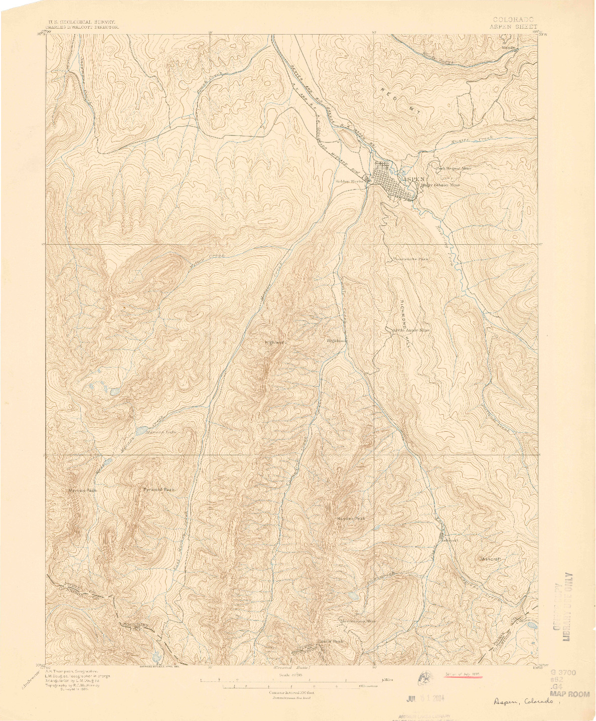 USGS 1:62500-SCALE QUADRANGLE FOR ASPEN, CO 1895