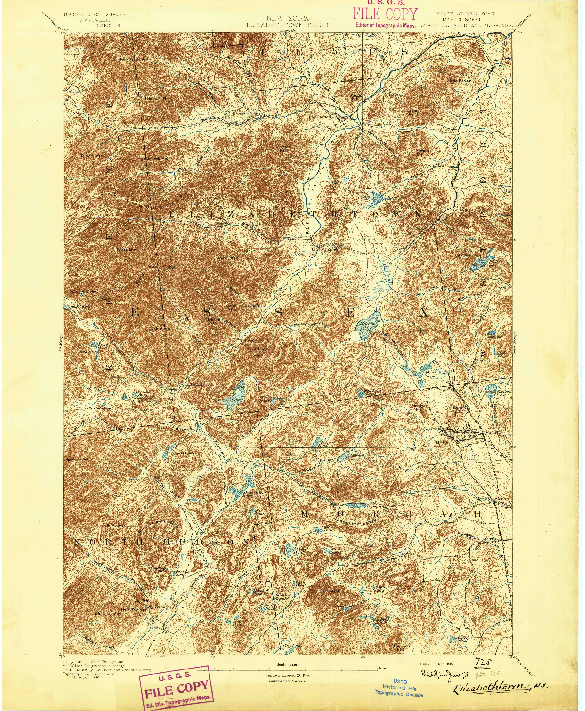USGS 1:62500-SCALE QUADRANGLE FOR ELIZABETHTOWN, NY 1895