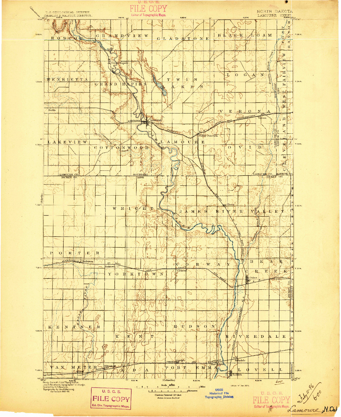 USGS 1:125000-SCALE QUADRANGLE FOR LAMOURE, ND 1895