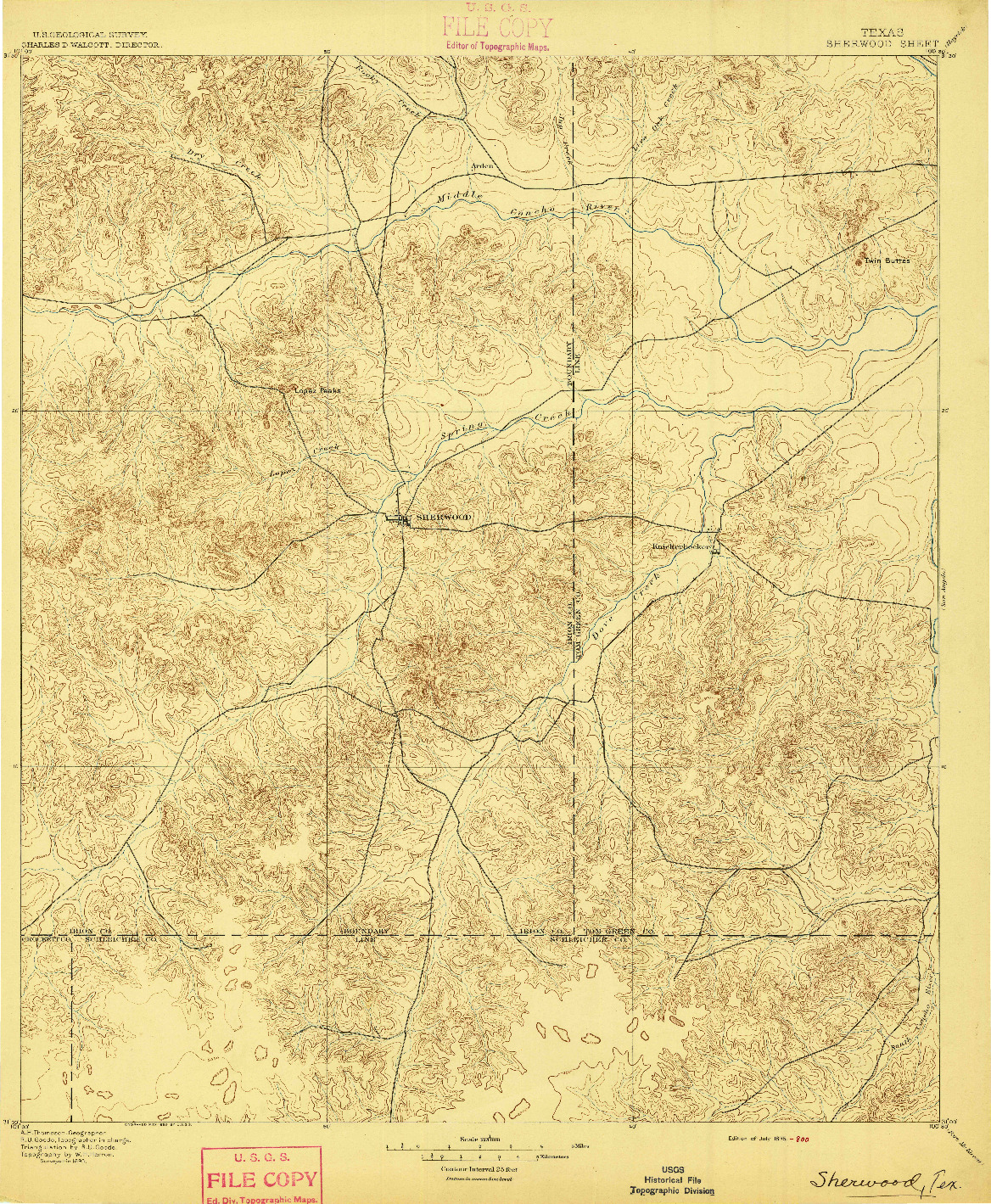 USGS 1:125000-SCALE QUADRANGLE FOR SHERWOOD, TX 1895